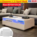 Modern High Gloss White LED Light Coffee Table w/4 Drawers Living Room Furniture