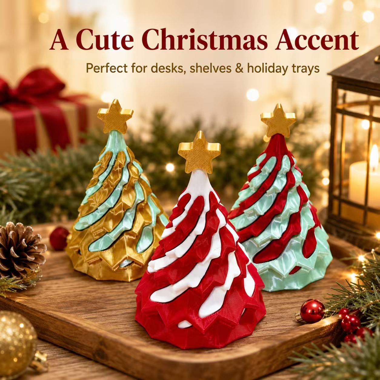 3D Printed Christmas Tree Tabletop Decor, Cute Holiday Ornament, Desktop