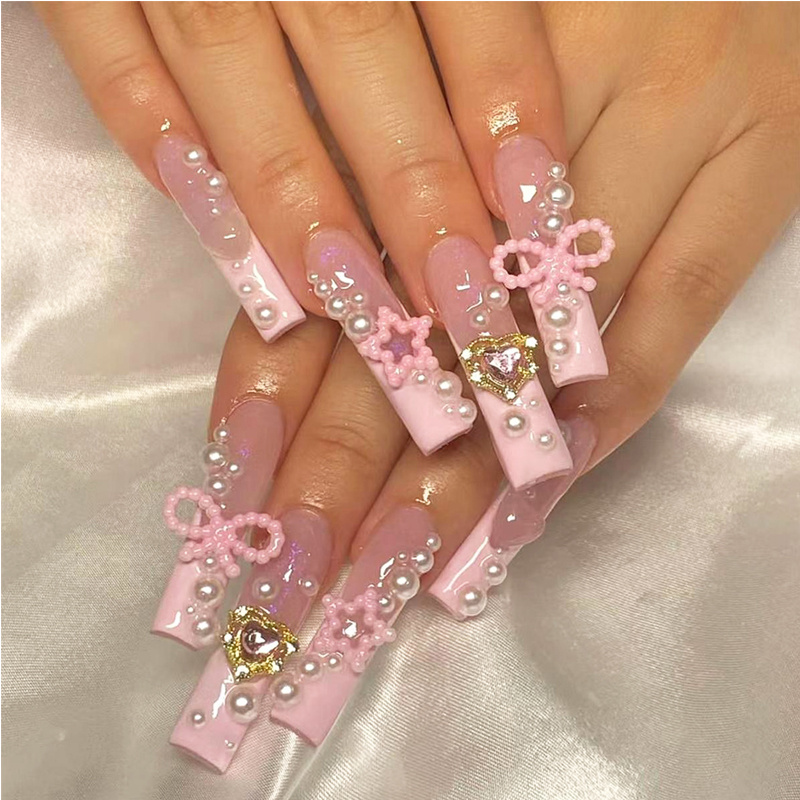 24-Piece Bow Design Press-On Nails - Long Square