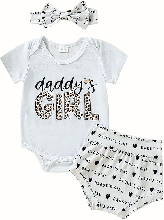 Toddler Baby Girl Clothes Summer Outfits Romper, Daddy's Girl Romper Baby Girl Father's Day Clothes Shorts Set (3 Piece Set)