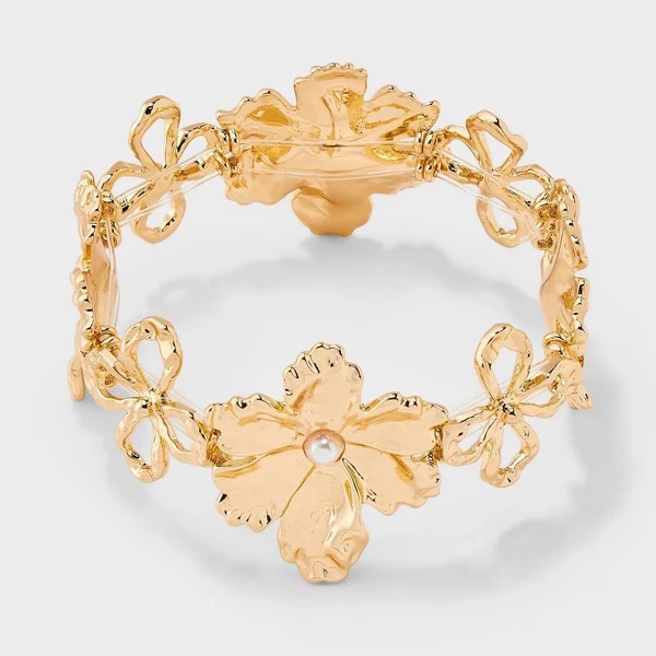 Gold Stretch Flower Bracelet with Rhinestones
