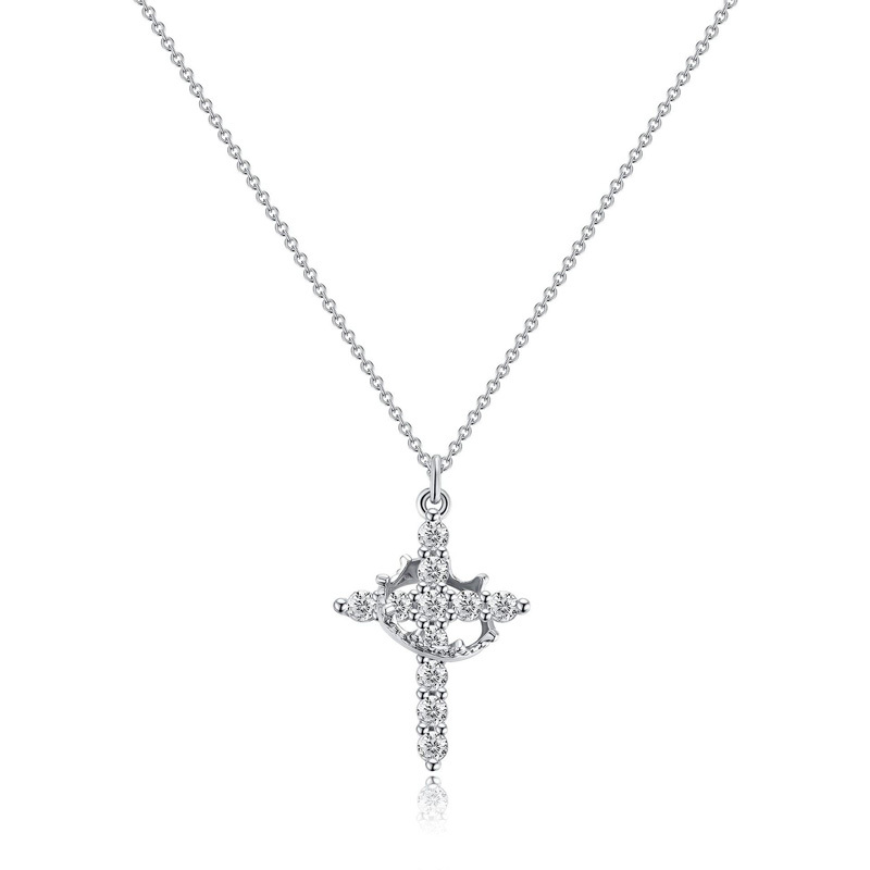 Rotatable Crown Cross Necklace for Women, Cubic Zirconia Paved Faith