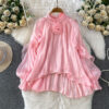 Gentle Elegant Floral Ruffled-edge Round-neck Blouse For Girls