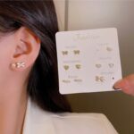 6-Pair Dainty Stud Earrings Set, Pearl, Bow and Heart Styles