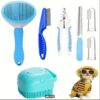 7-piece Set -blue)Grooming Tool Set For Cats & Dogs, Pet Bath Towel, Including Self-Cleaning Slicker Brush,Steel Comb, Nail Clippers & File,
