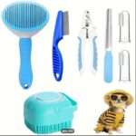 7-piece Set -blue)Grooming Tool Set For Cats & Dogs, Pet Bath Towel, Including Self-Cleaning Slicker Brush,Steel Comb, Nail Clippers & File,