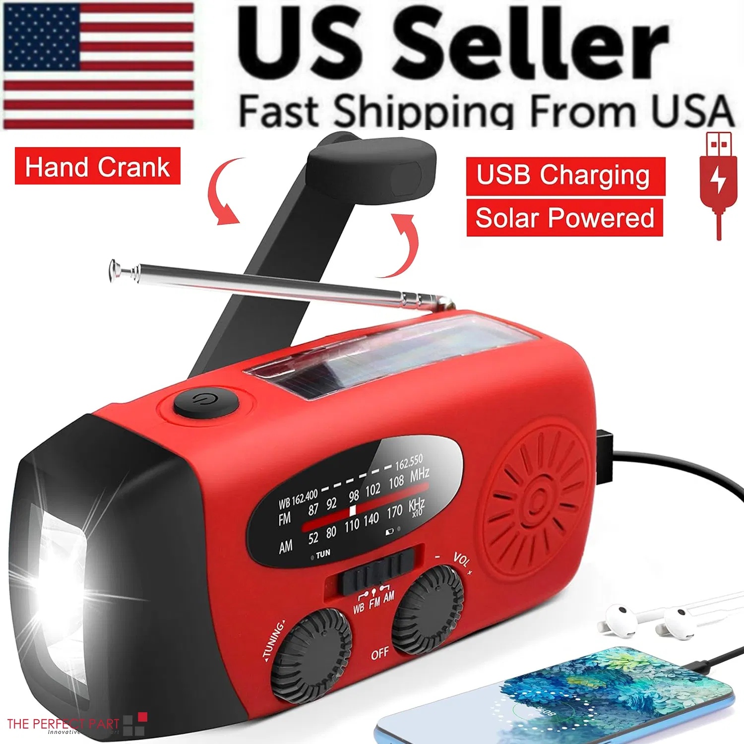 Emergency Hand Crank Solar Weather Radio with Power Bank & Flashlight