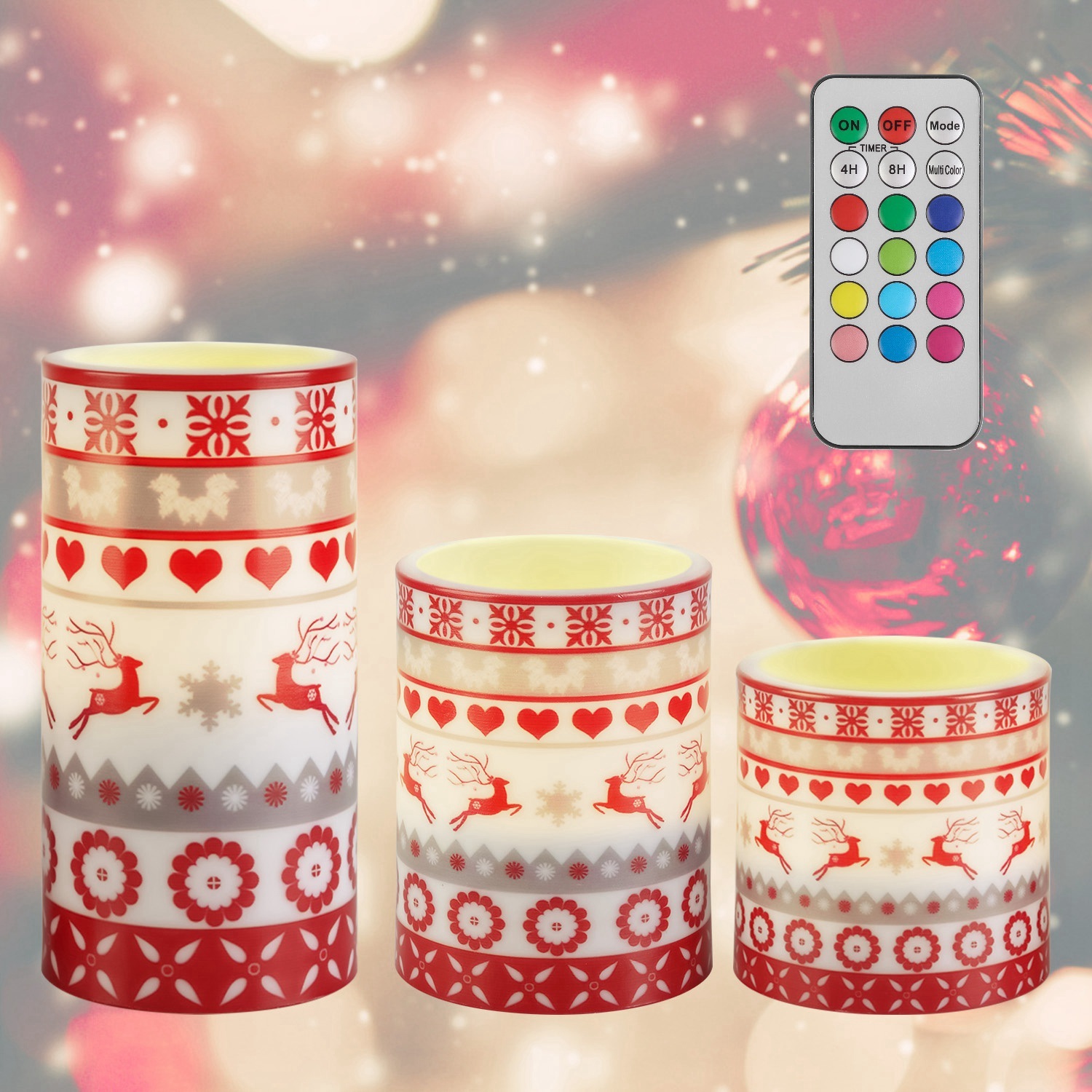 3Pack Christmas Flameless LED Candles Deer Flickering Candle Lights Pillar