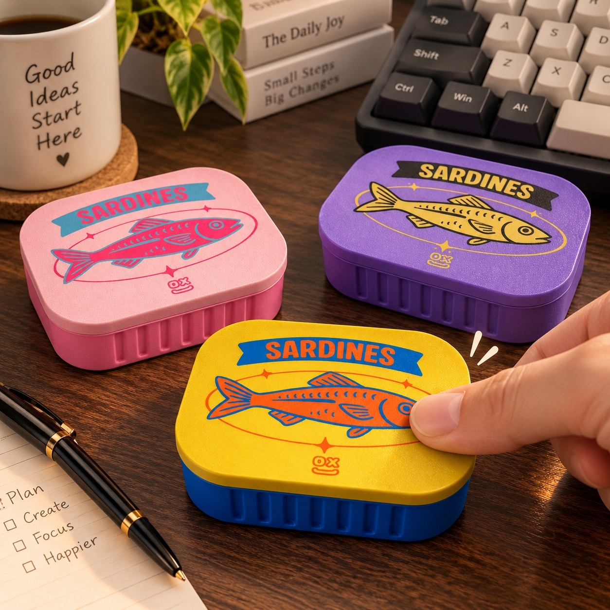 3D Printed Sardine Tin Shaped Fidget Clicker, Retro Fish Design