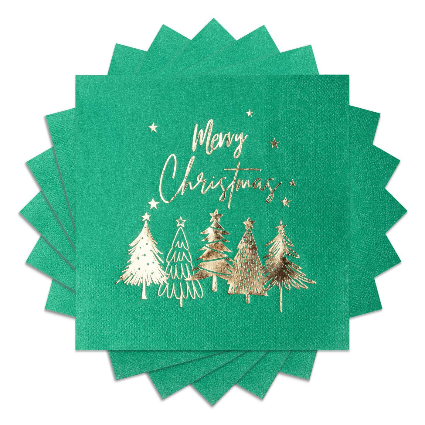 80Pcs Merry Christmas Paper Napkins, Gold Five Xmas Trees Disposable