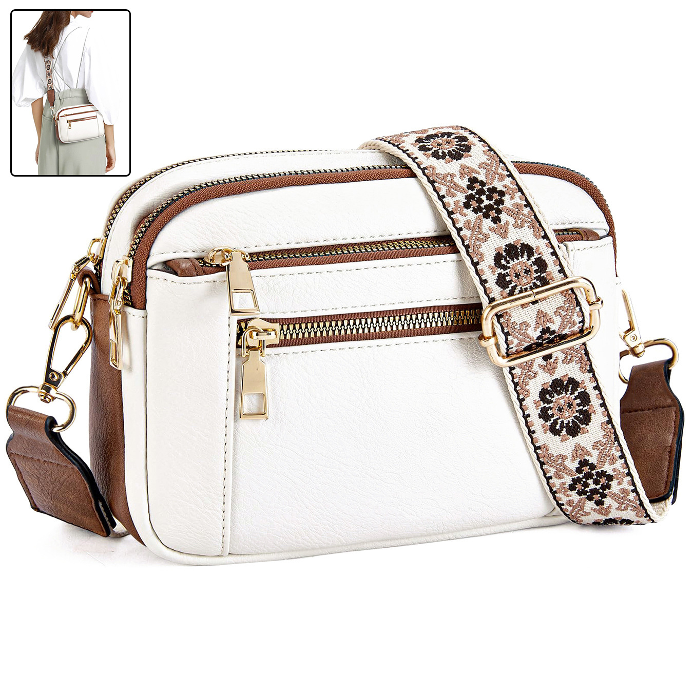 Triple-Zipper Shoulder Bag with Floral Embroidered Straps Colorblock Multi-Functional Crossbody