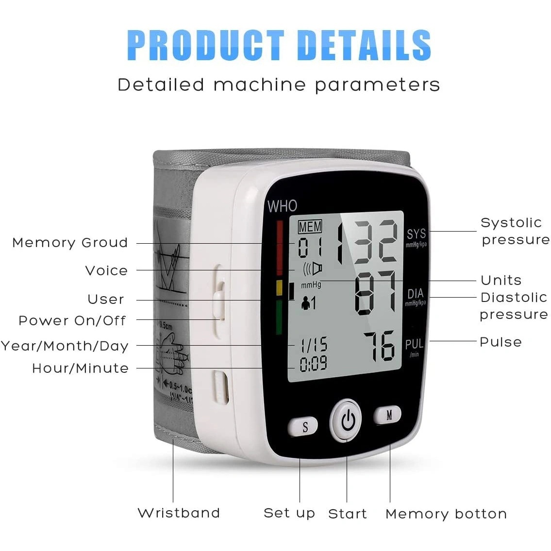 Wrist Blood Pressure Monitor Adjustable Automatic Cuff Voice Broadcast