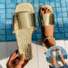 Crocodile-Textured Slides Slippers Summer Square Toe Flat Sandals Seaside Vacation