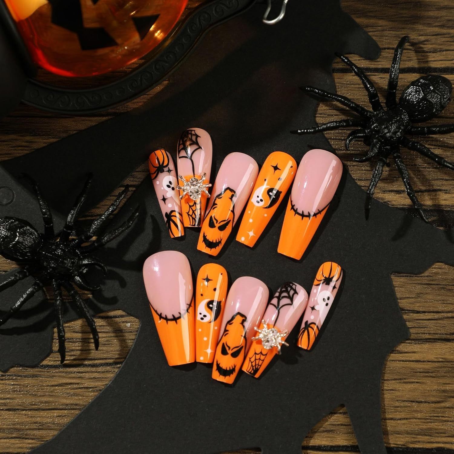 24Pcs Halloween Press on Nails, Medium Ballerina False Cute Pumpkin