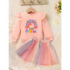 Baby Girls Rainbow Skirt Set Letters Embroidery Long Sleeve Sweatshirt Tops & Rainbow Tutu Skirt Outfits