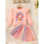 Baby Girls Rainbow Skirt Set Letters Embroidery Long Sleeve Sweatshirt Tops & Rainbow Tutu Skirt Outfits