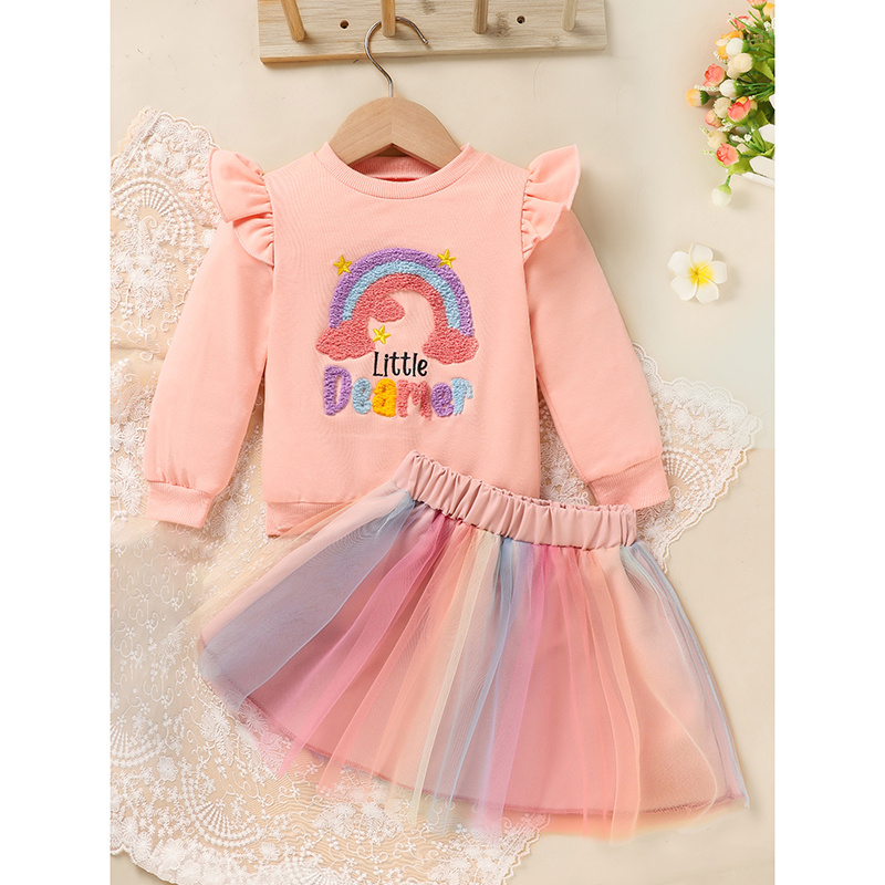 Baby Girls Rainbow Skirt Set Letters Embroidery Long Sleeve Sweatshirt Tops & Rainbow Tutu Skirt Outfits