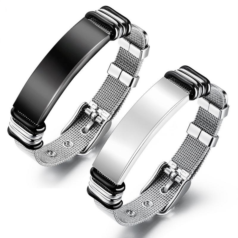 Matching Couple Bracelets Set, Black and Silver Mesh Band Bracelets