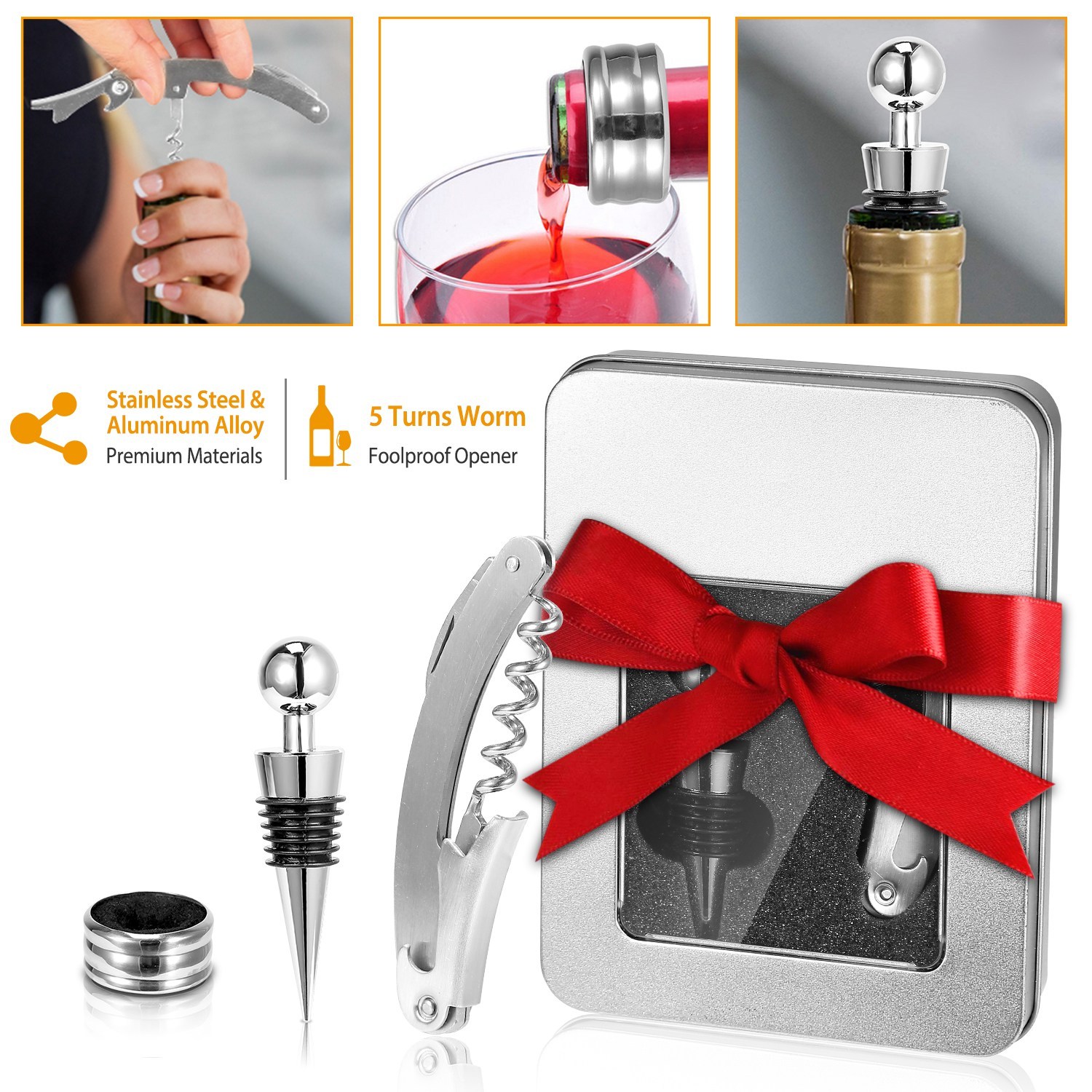 3Pcs Corkscrew Bottle Opener Set Tool Foil Cutter Drip Collar