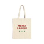 Merry and Bright Holiday Canvas Tote Bag, Cotton Gift Tote