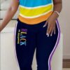 Women Fashionable Colorful Stripe Print T-Shirt And Pants Casual Set