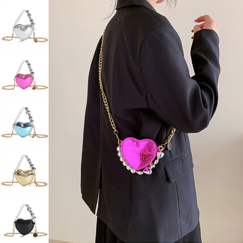 Mini Love-Shape Pearls Handbag Cute Chain Lipstick Bag Women's Bright