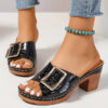 Crocodile-Textured Buckle Sandals Square Chunky Heel Peep-Toe Slides Slippers Women