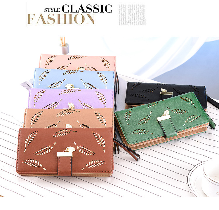 Women's Long Wallet Clutch - Elegant Hollow Out Leaf Design