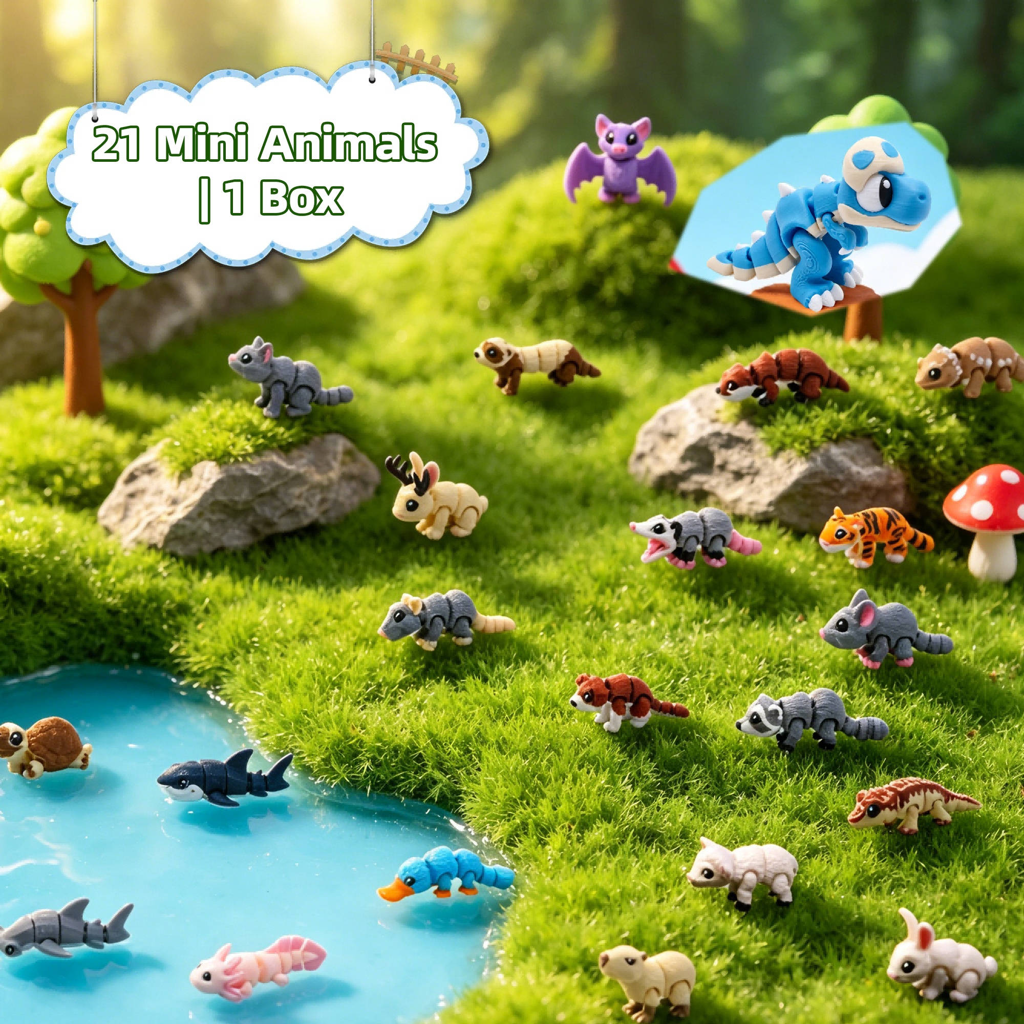 21PCS Mini Animal Figurines Set with Storage Box, 3D Printed