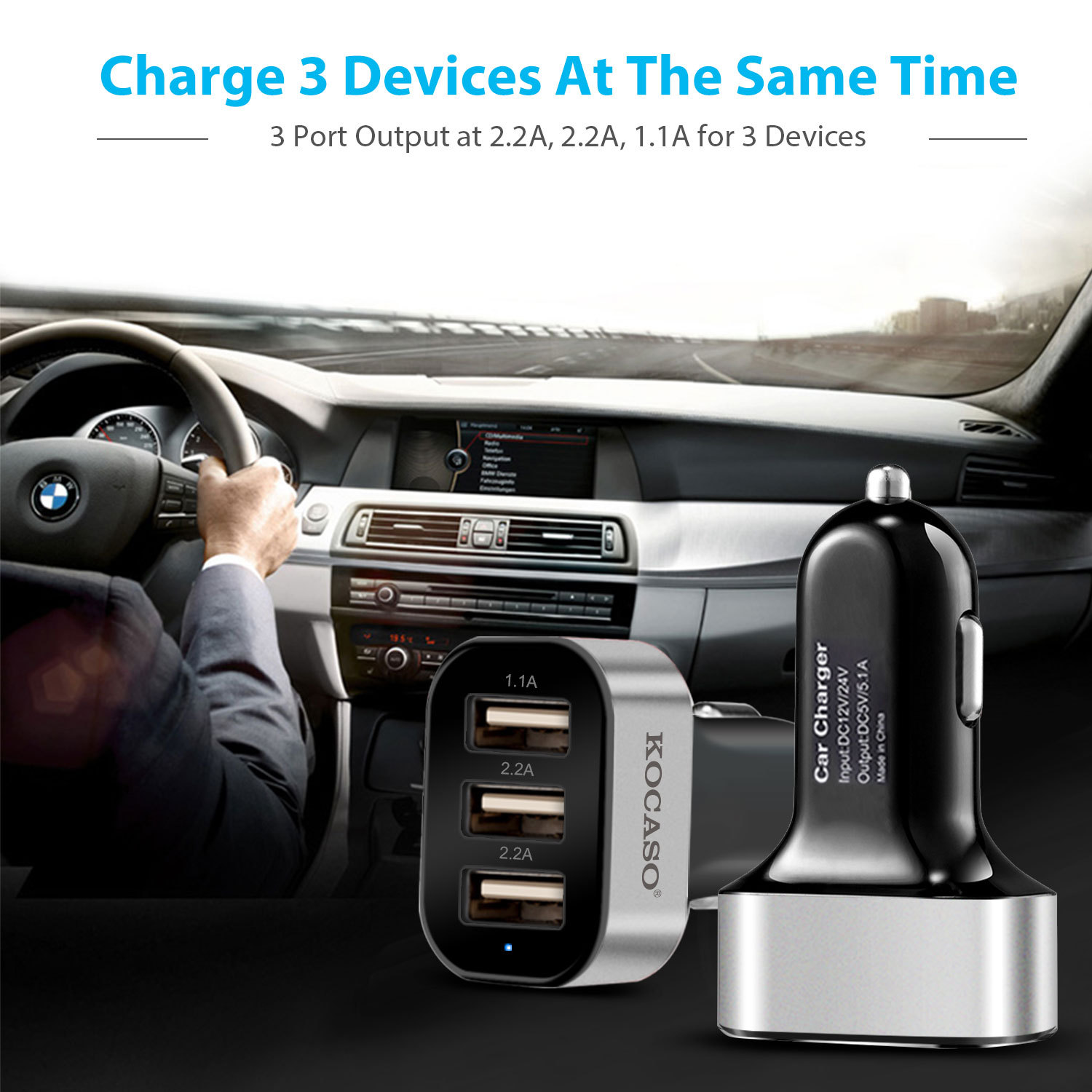 3Port USB Car Charger 30W 5.5A for IOS Phone 16
