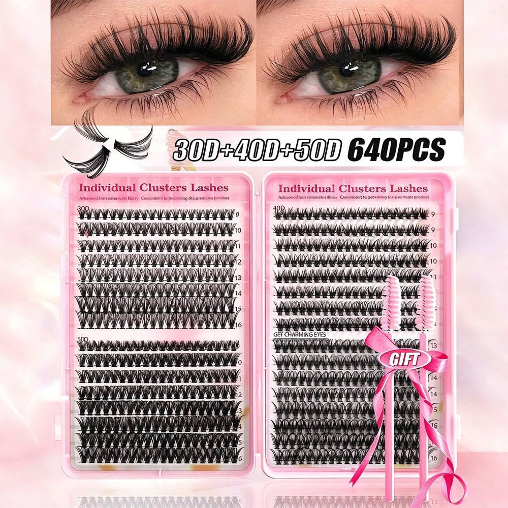 640PCS D Curl Individual Lash Clusters, 30D 40D 50D DIY Lash Extensions, Natural Thick Wispy Cluster Eyelashes With 2 Free Eyelash Brushes