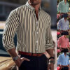 Ins Stripe Printed Long Sleeve Shirt Men Fashion Casual Lapel Button Top Clothing