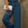 Women Solid Color Sleeveless Top With Notch Neckline And Belted Long Pants Set