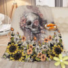 Rustic Skull Sunflower Flannel Fleece Blanket Floral Soft Plush Throw