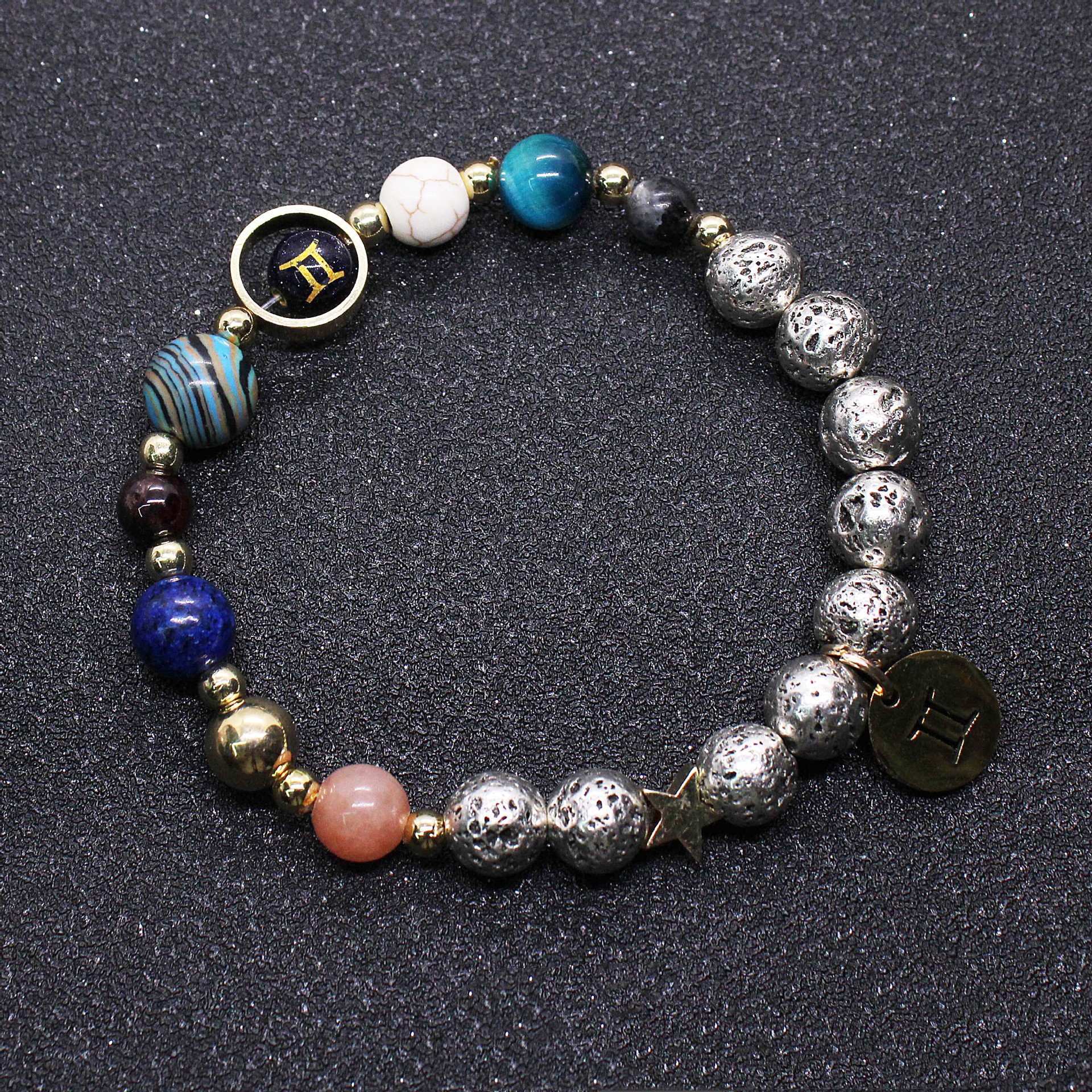 Twelve Constellation Blue San Lettering Bracelet Antique Silver Volcanic Stone